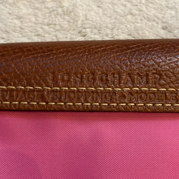 Longchamp Le Pliage small long strap #2605 pink nylon leather tote satchel purse - Picture 4 of 13